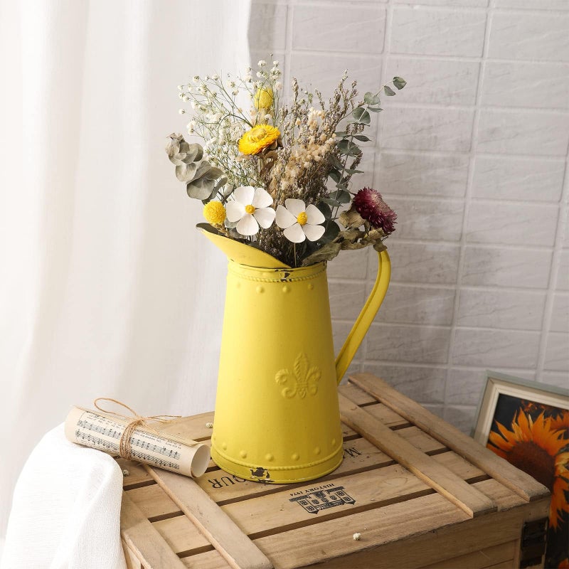 APSOONSELL French Style Shabby Chic Vase Metal Flower Vase Vintage Jug Rustic Farmhouse Decor for Home, Yellow - Image 2
